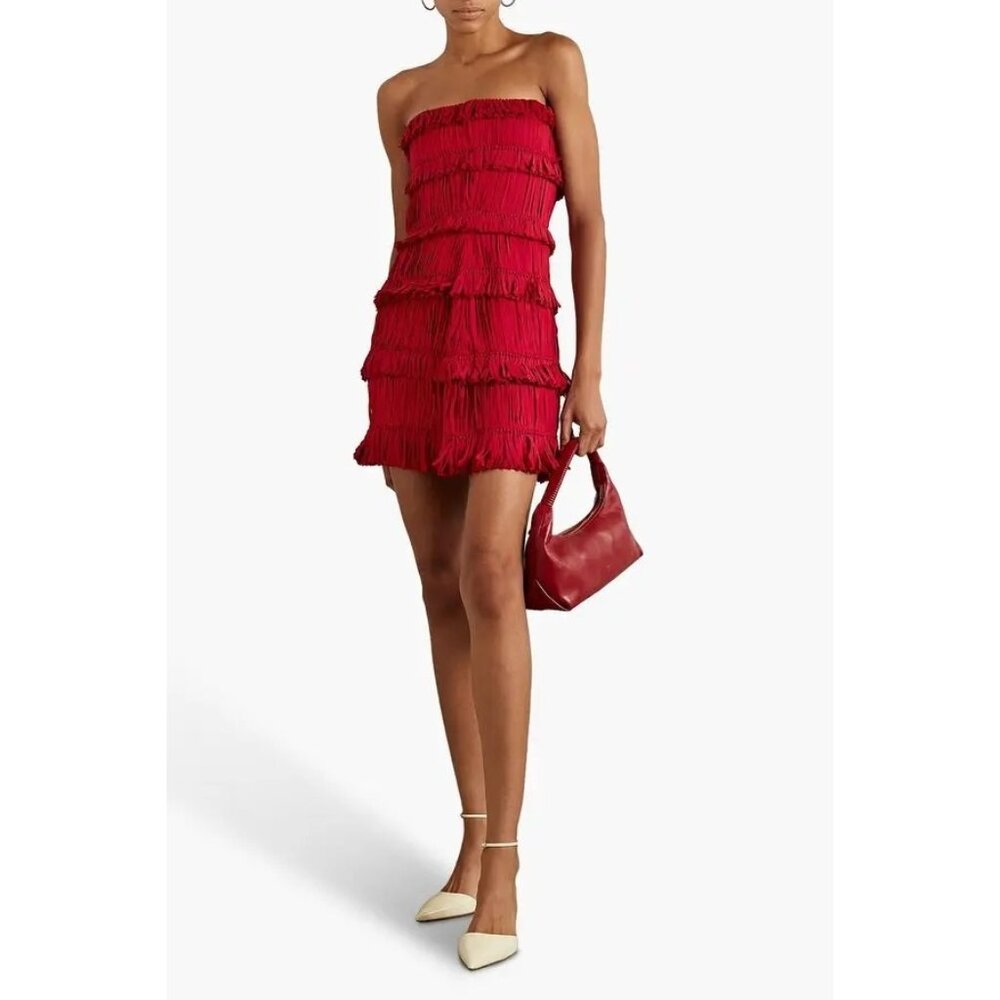 INTERIOR Red Silk Valencia Tiered Strapless fringed Mini Dress Size 4